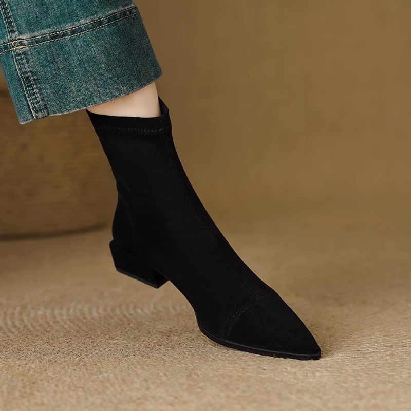 Flat French Point Toe Boots Thick Heeled