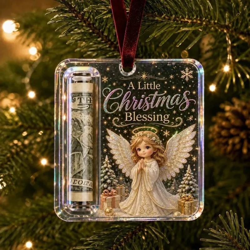 MerryGift™ angel cash holder ornament displayed on a Christmas tree