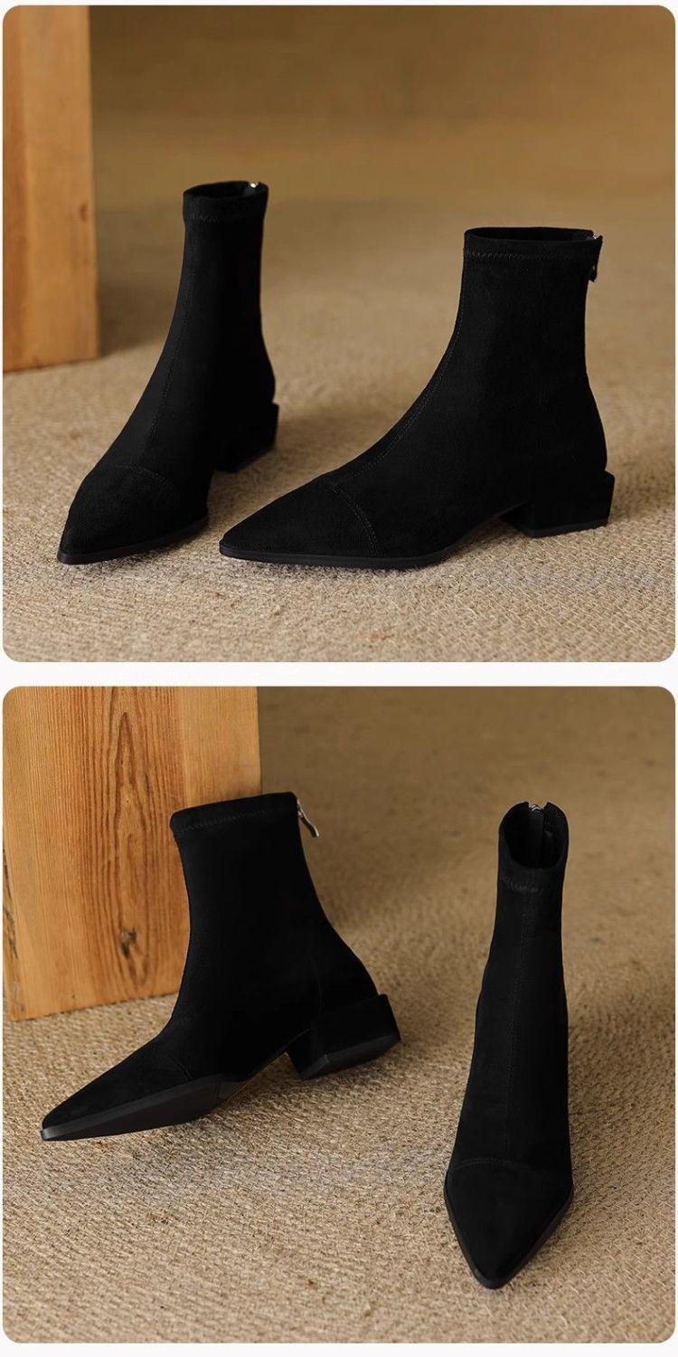 Flat French Point Toe Boots Thick Heeled