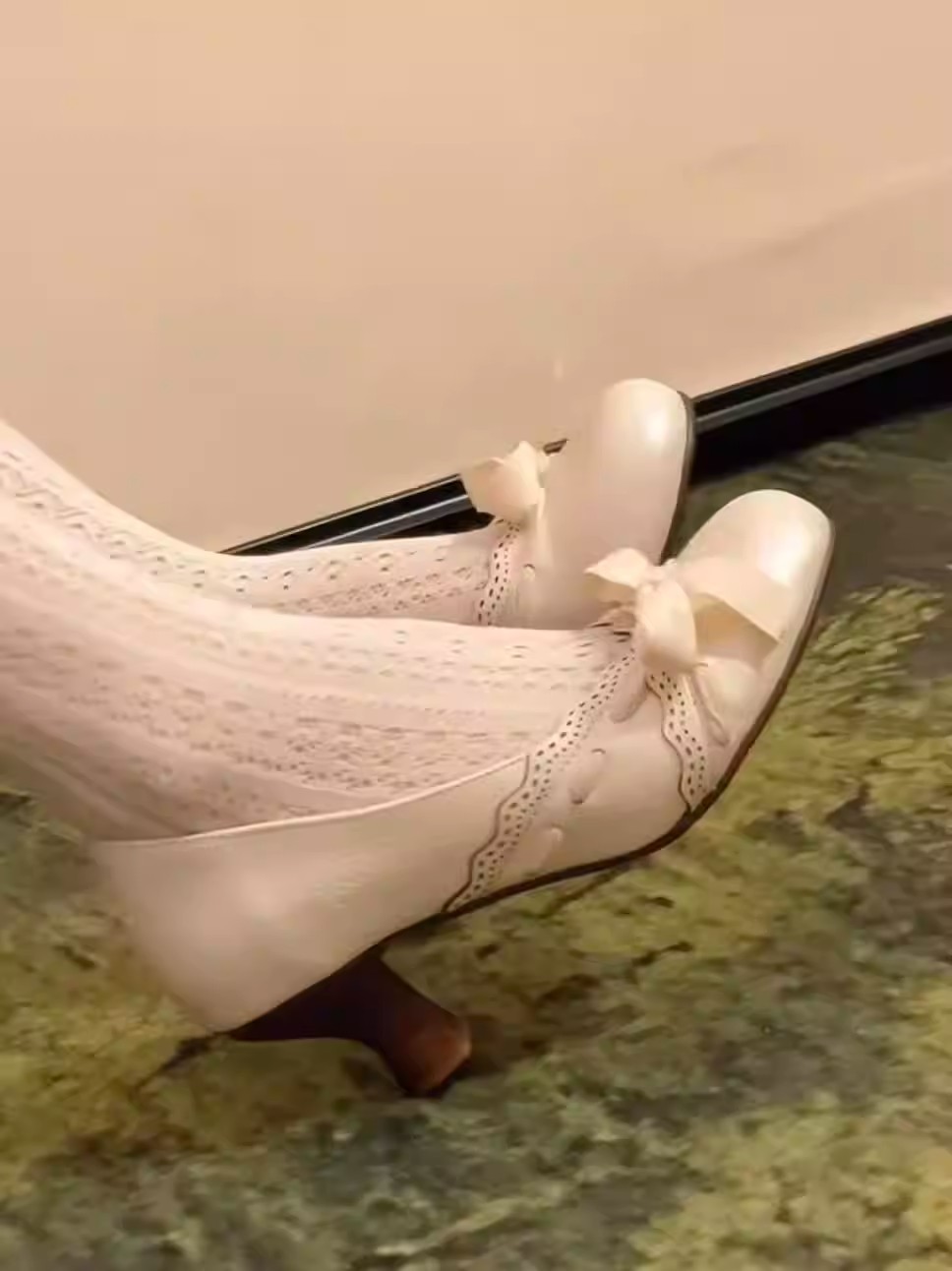 French Lace Bow Chunky Heel Pumps