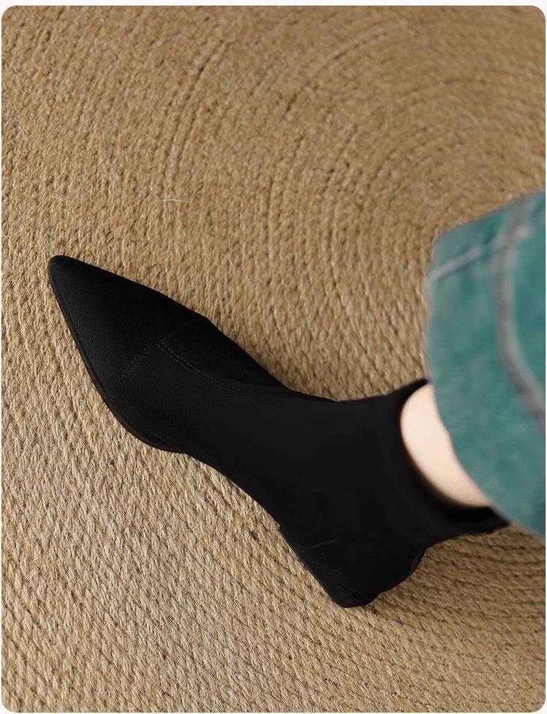 Flat French Point Toe Boots Thick Heeled