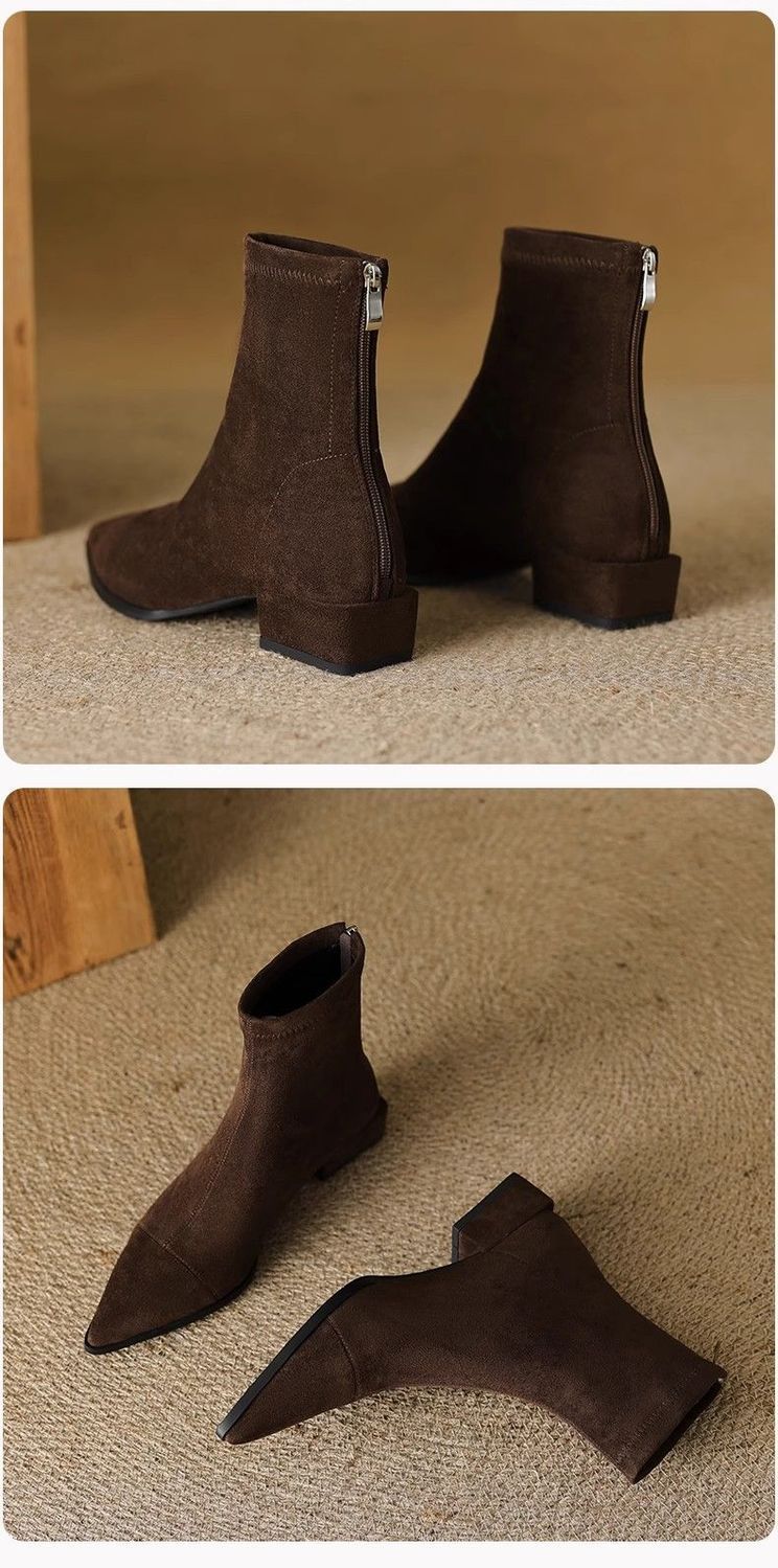 Flat French Point Toe Boots Thick Heeled