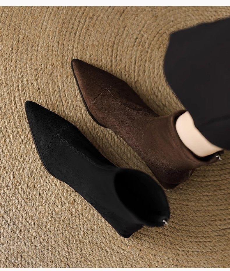 Flat French Point Toe Boots Thick Heeled