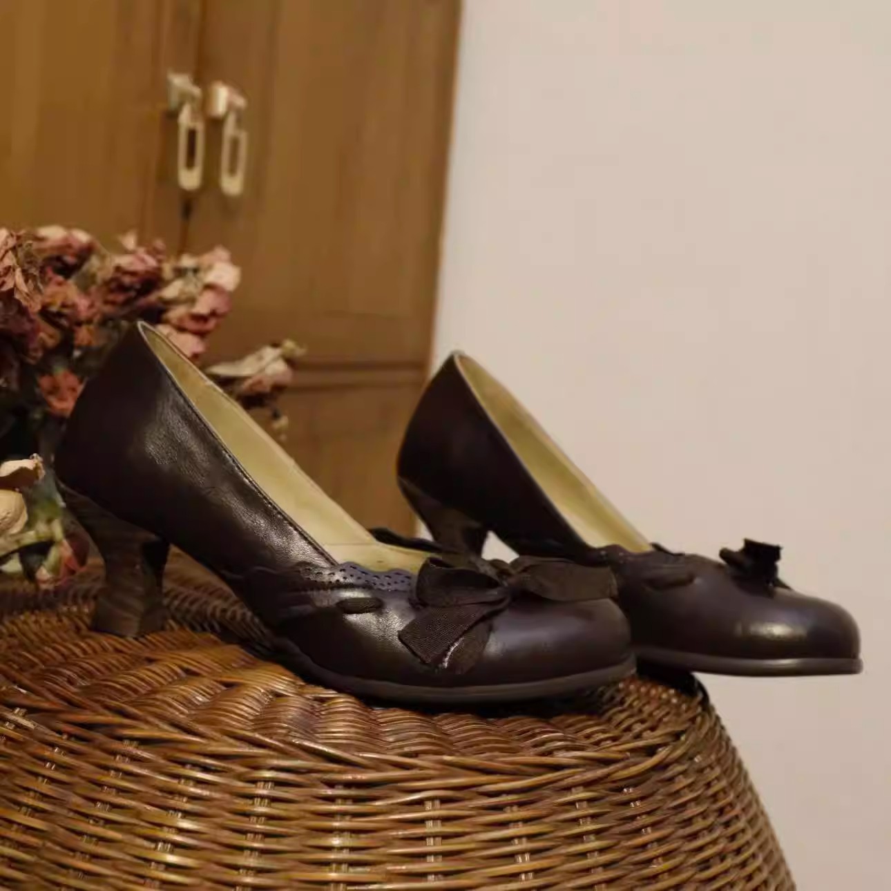 French Lace Bow Chunky Heel Pumps