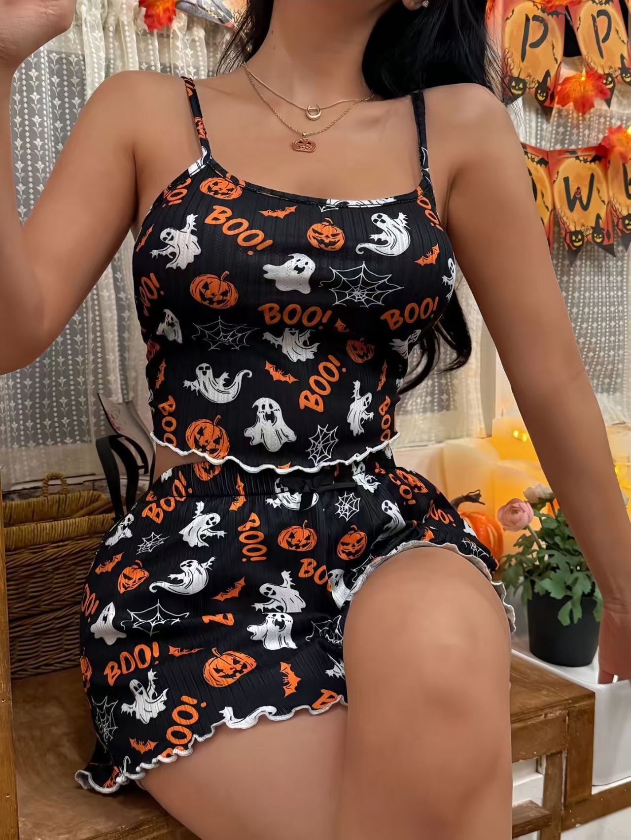 Pumpkin Print Bow Suspender Shorts Homewear Set