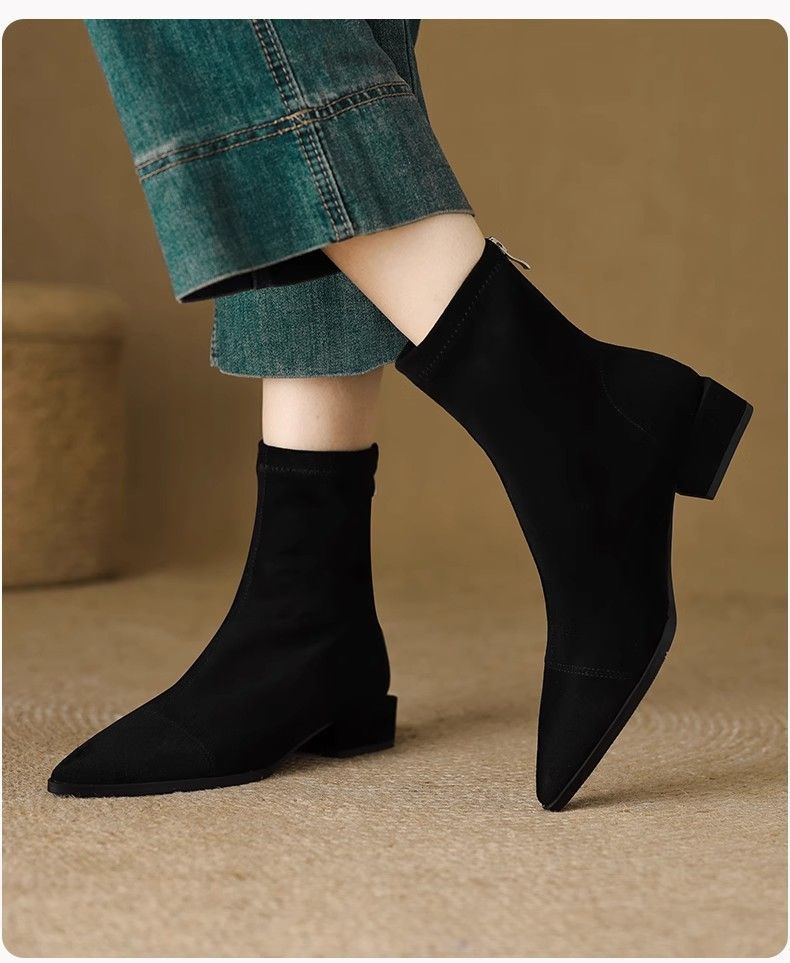 Flat French Point Toe Boots Thick Heeled