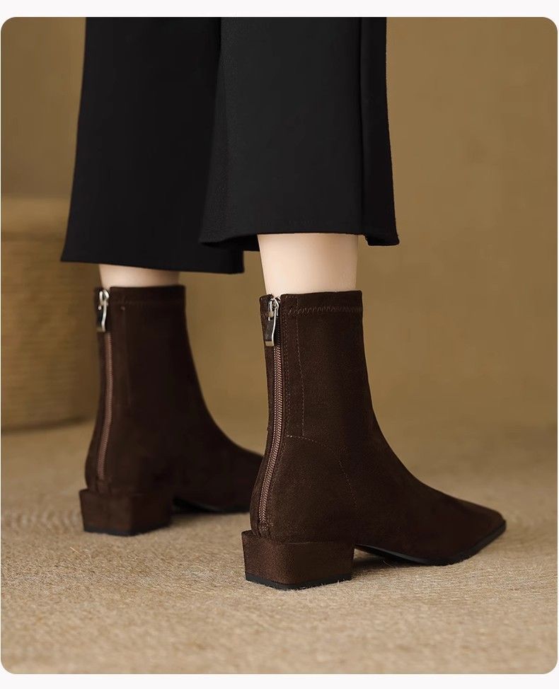 Flat French Point Toe Boots Thick Heeled