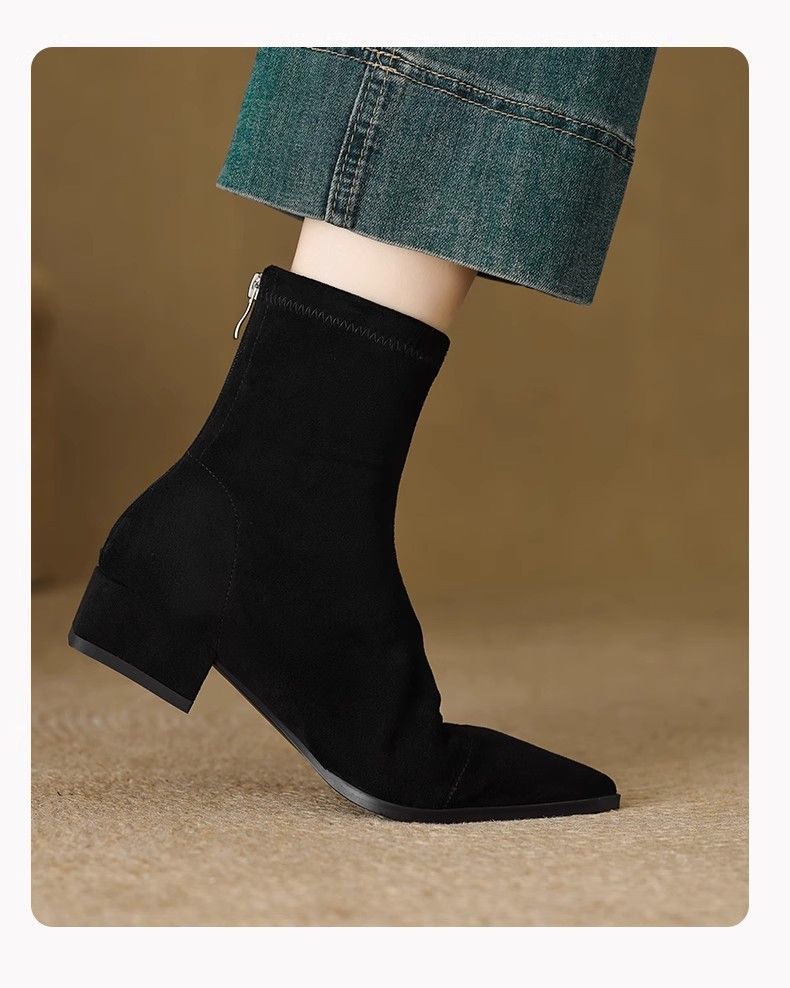 Flat French Point Toe Boots Thick Heeled