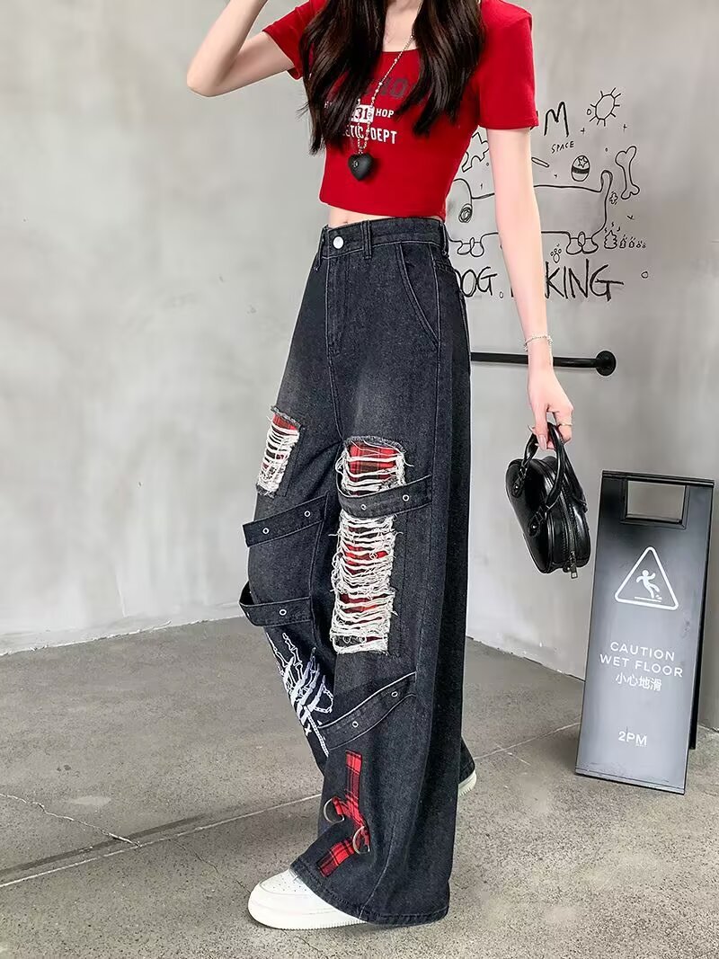 Womens Punk Style Retro Distressed Ripped Wide Leg Jeans