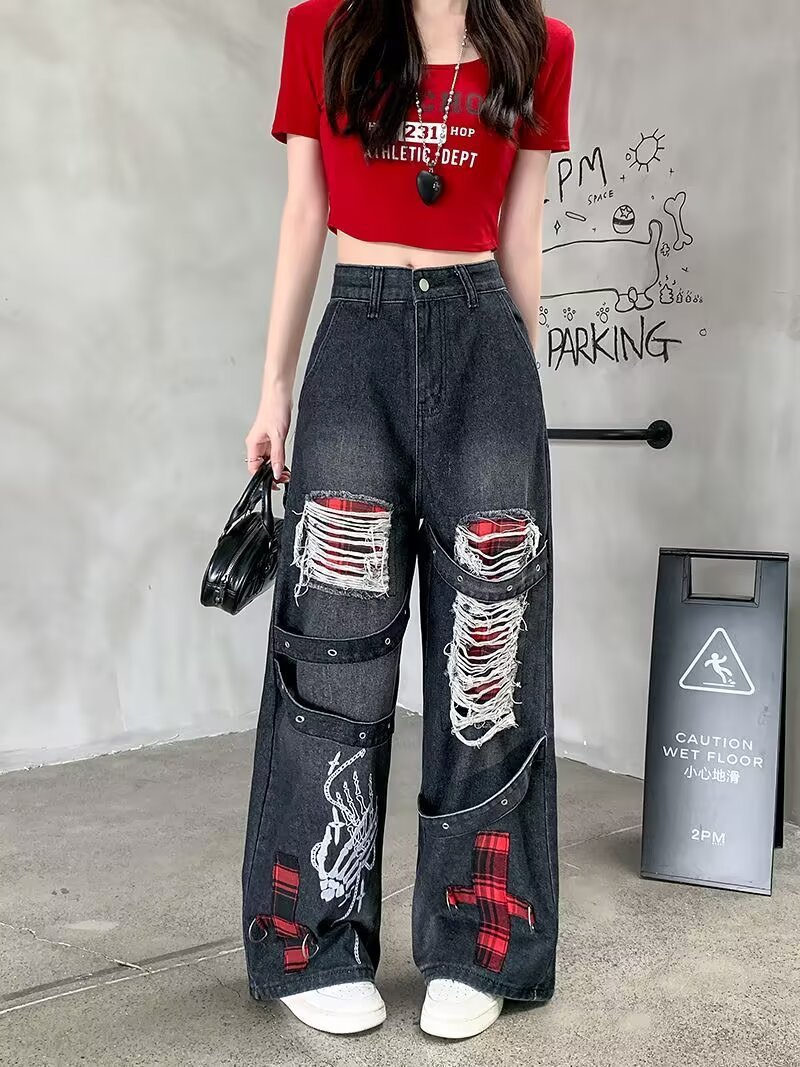 Womens Punk Style Retro Distressed Ripped Wide Leg Jeans