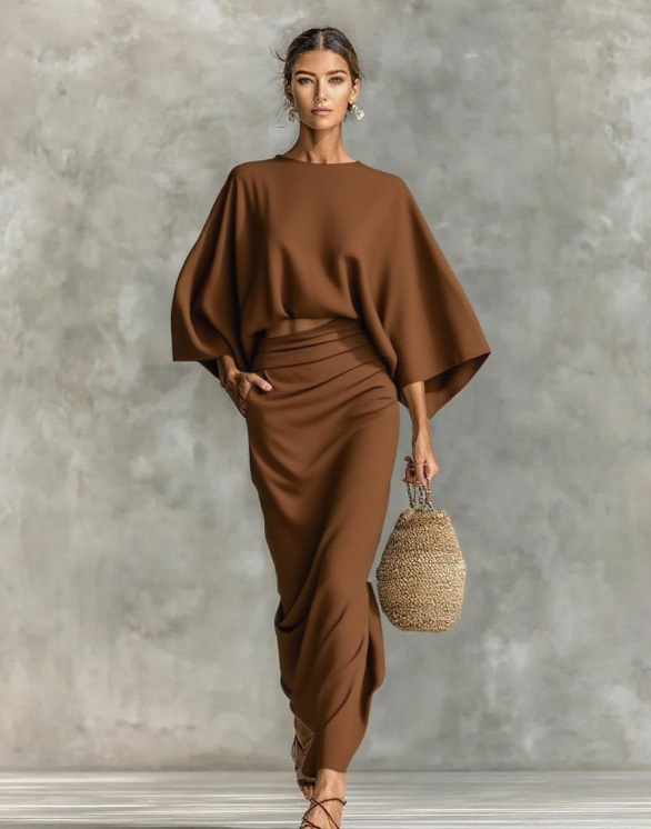Womens High Waist Long Skirt Set with Loose Top