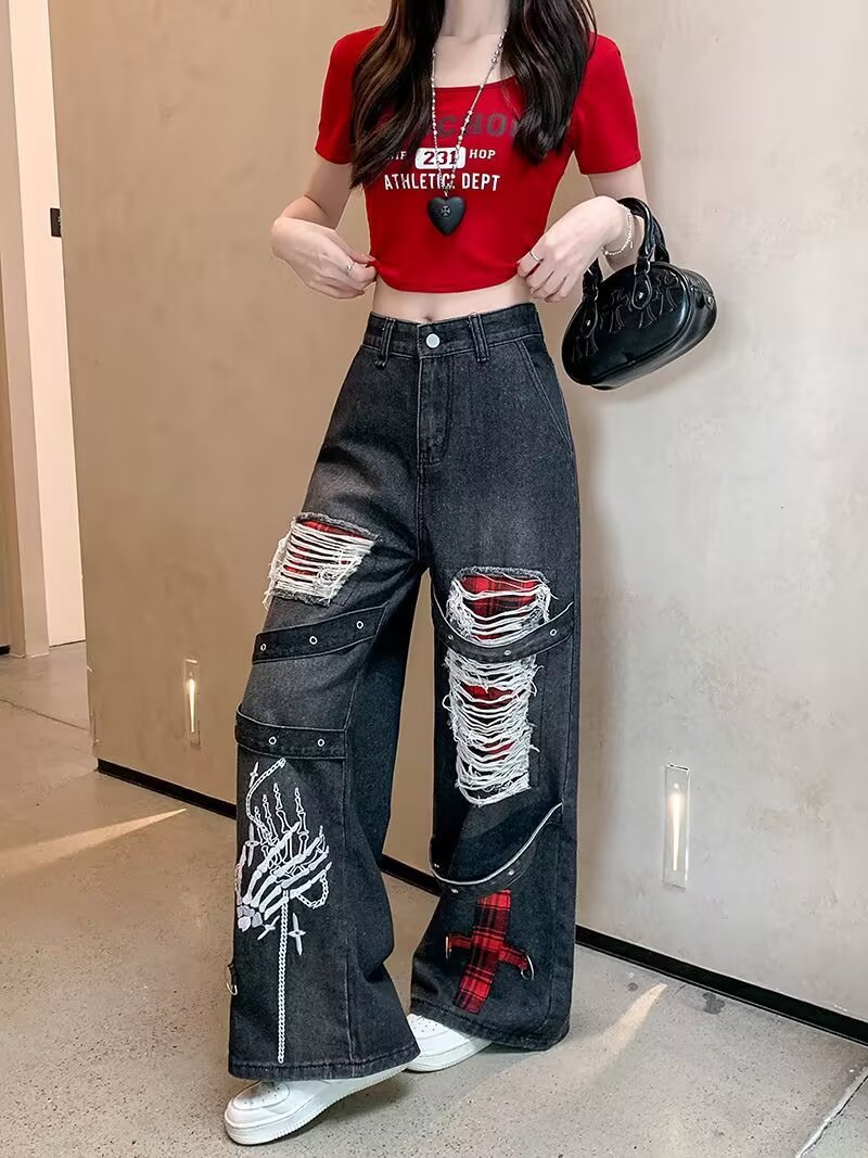 Womens Punk Style Retro Distressed Ripped Wide Leg Jeans