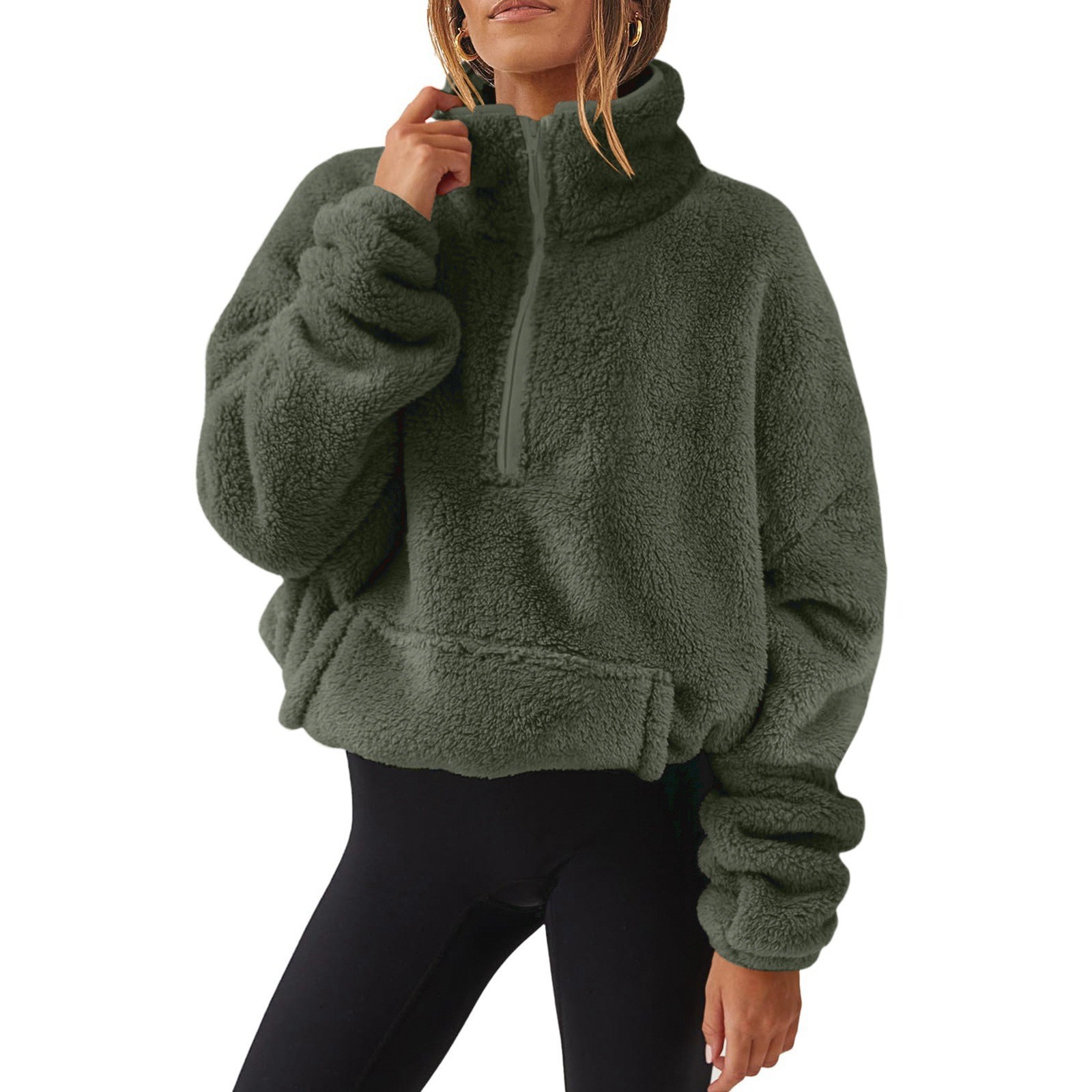 Womens Plush Fleece Half Zip Stand Up Collar Sweatshirt