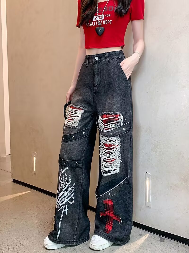 Womens Punk Style Retro Distressed Ripped Wide Leg Jeans