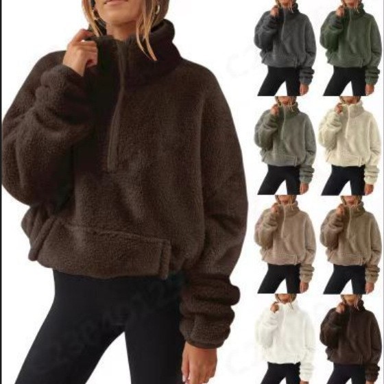 Womens Plush Fleece Half Zip Stand Up Collar Sweatshirt