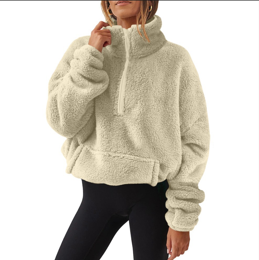 Womens Plush Fleece Half Zip Stand Up Collar Sweatshirt