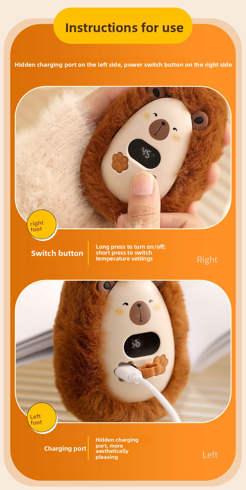 Portable Plush USB Hand Warmer with Digital Display