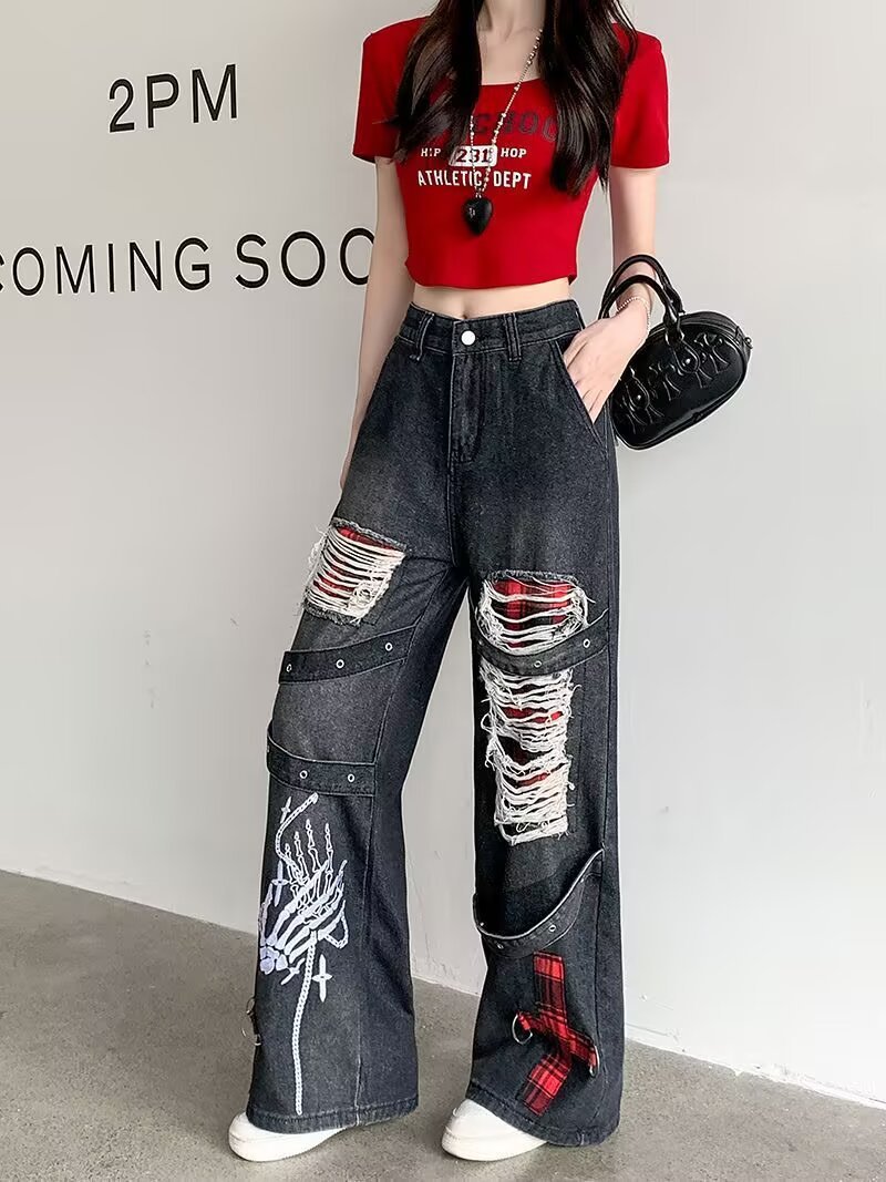 Womens Punk Style Retro Distressed Ripped Wide Leg Jeans
