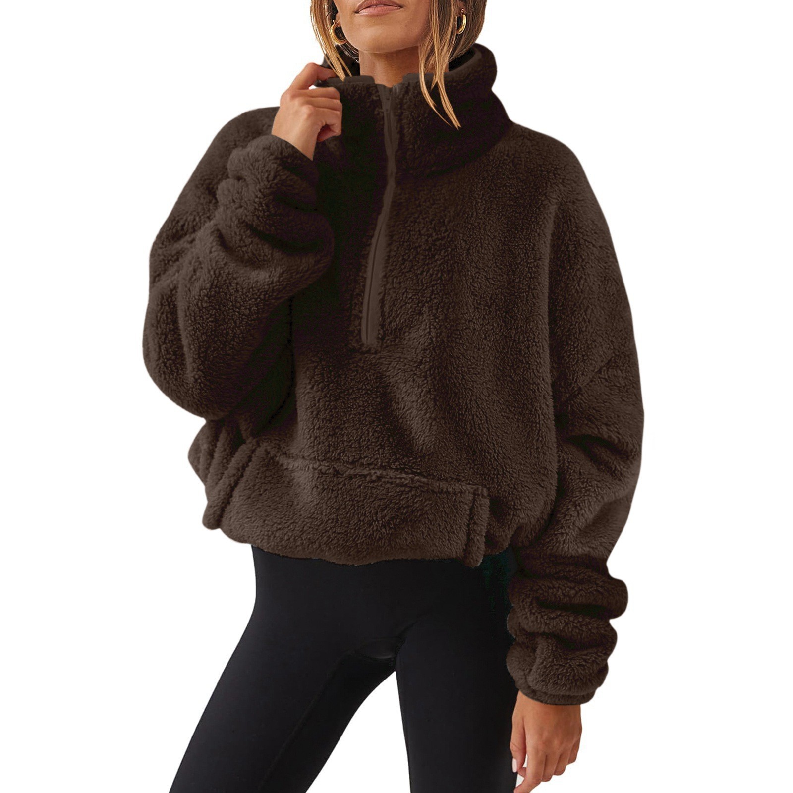 Womens Plush Fleece Half Zip Stand Up Collar Sweatshirt