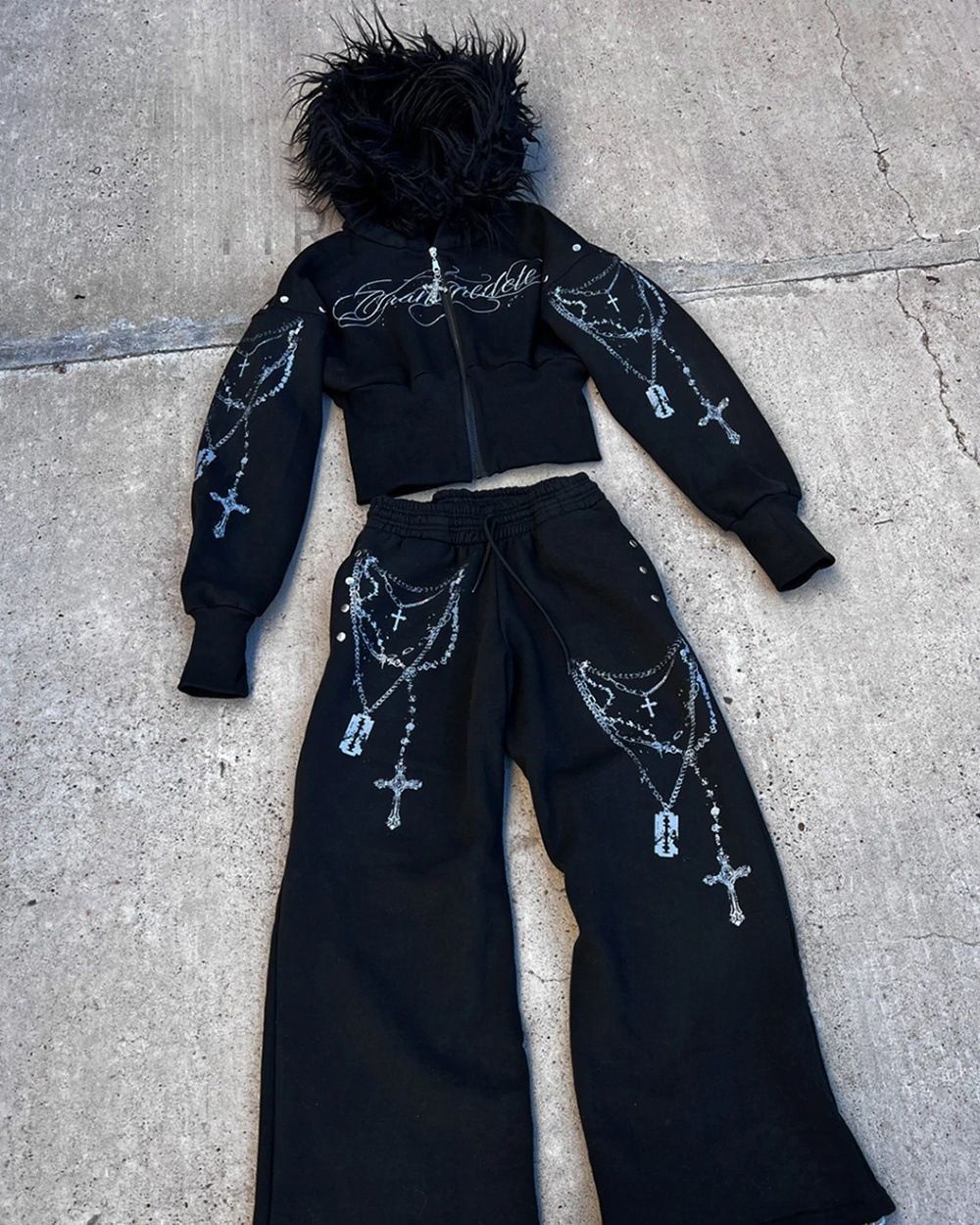 Printed Zipper Hoodie and Sweatpants Set