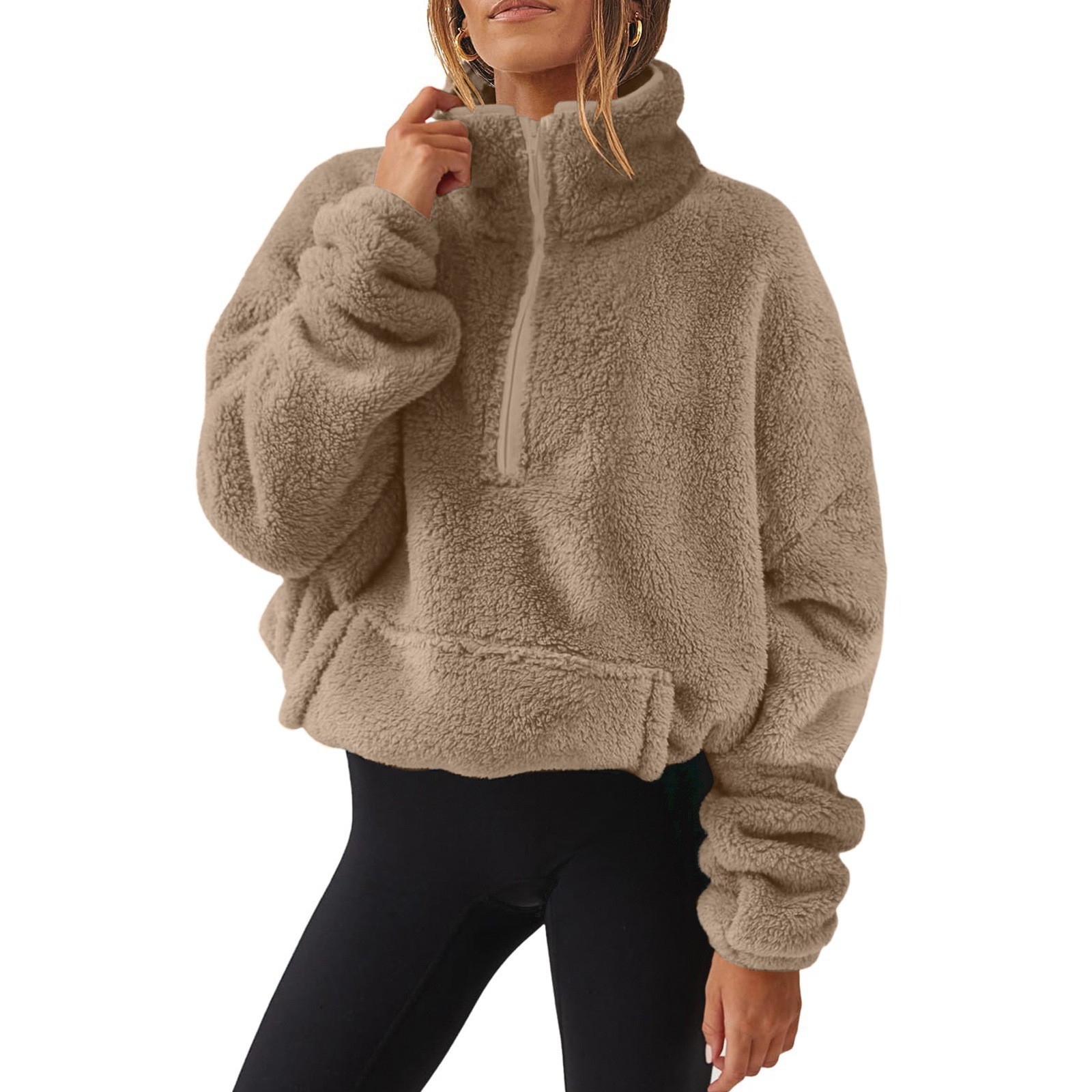 Womens Plush Fleece Half Zip Stand Up Collar Sweatshirt