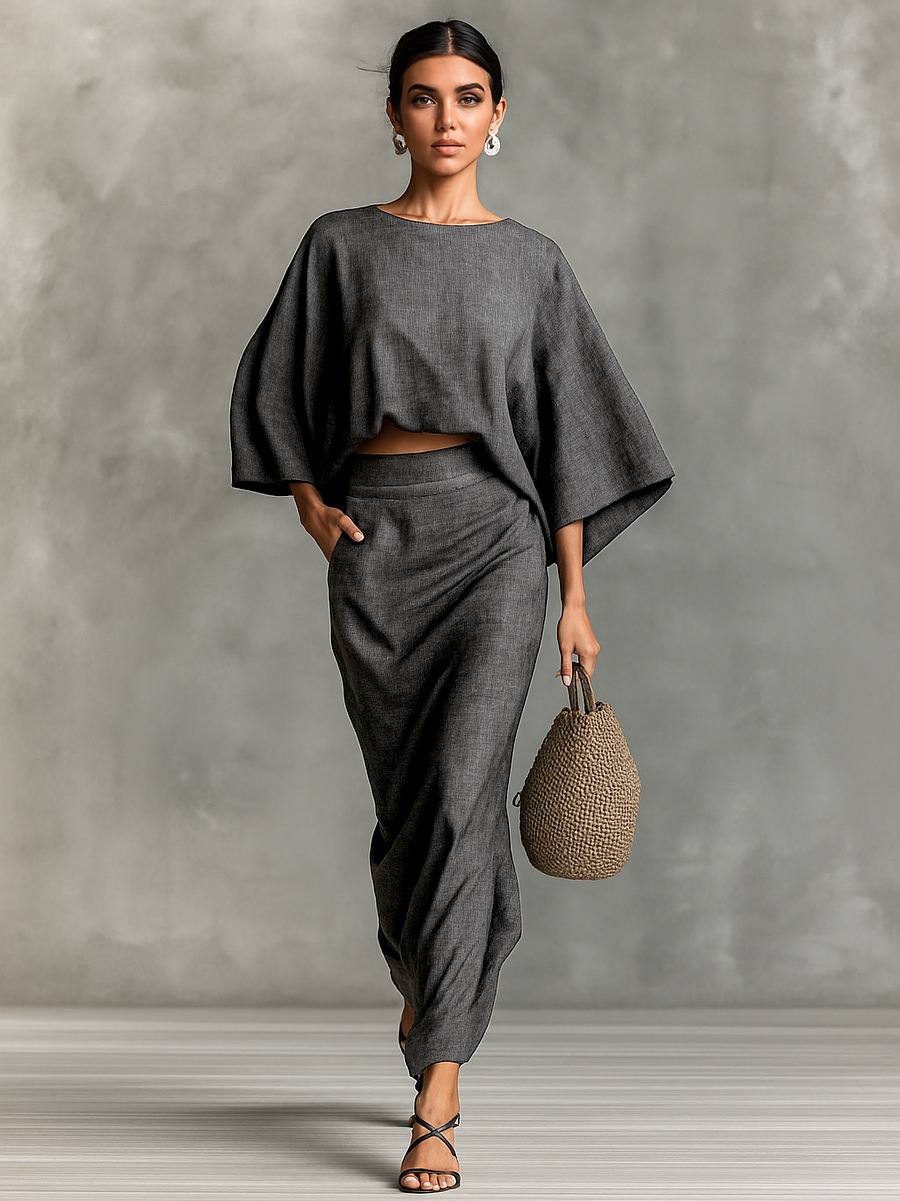 Womens High Waist Long Skirt Set with Loose Top