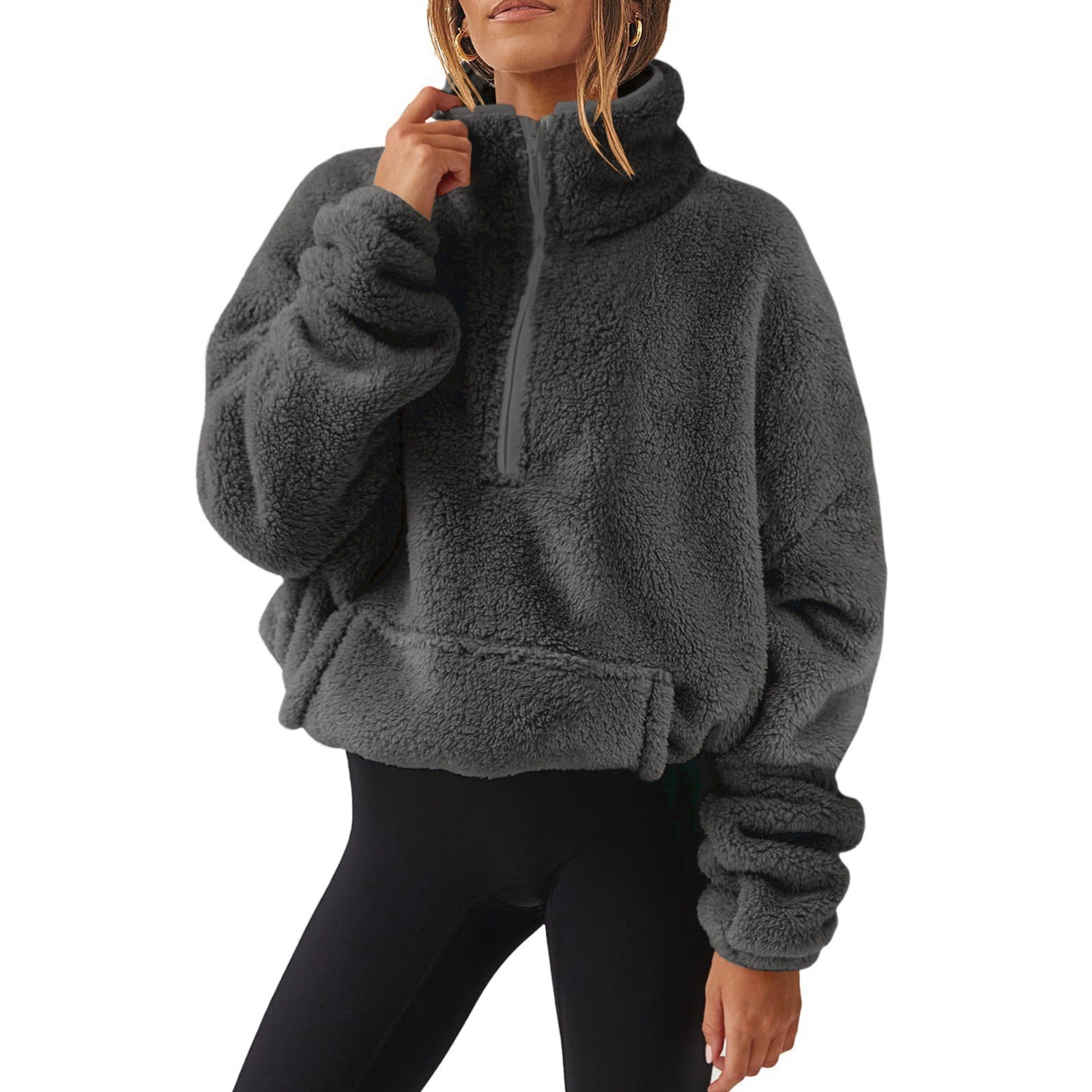 Womens Plush Fleece Half Zip Stand Up Collar Sweatshirt