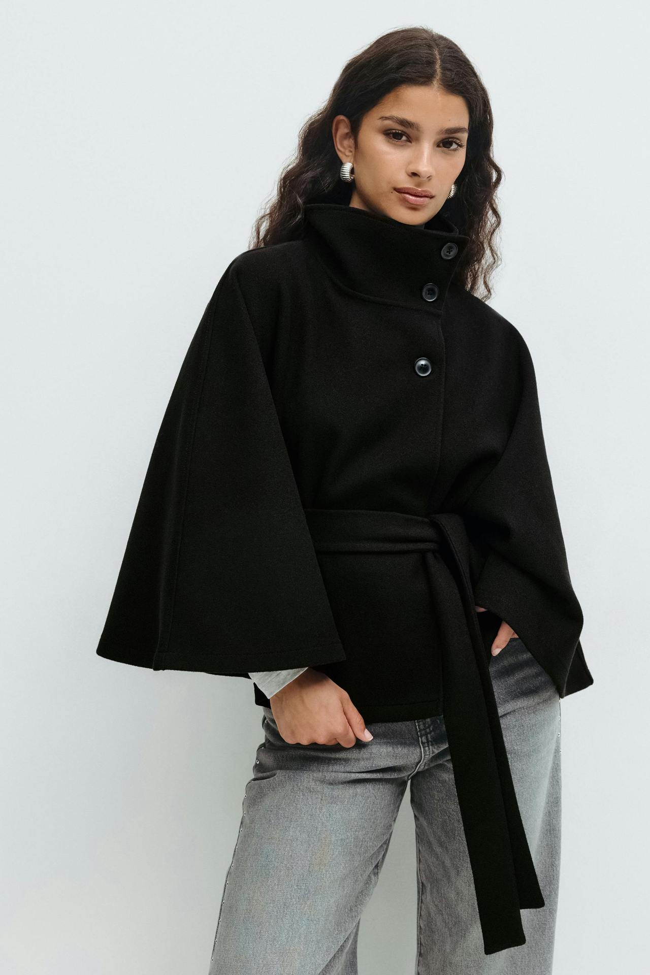 Women's Stand Collar Tie-Up Cropped Jacket Loose Fit Casual