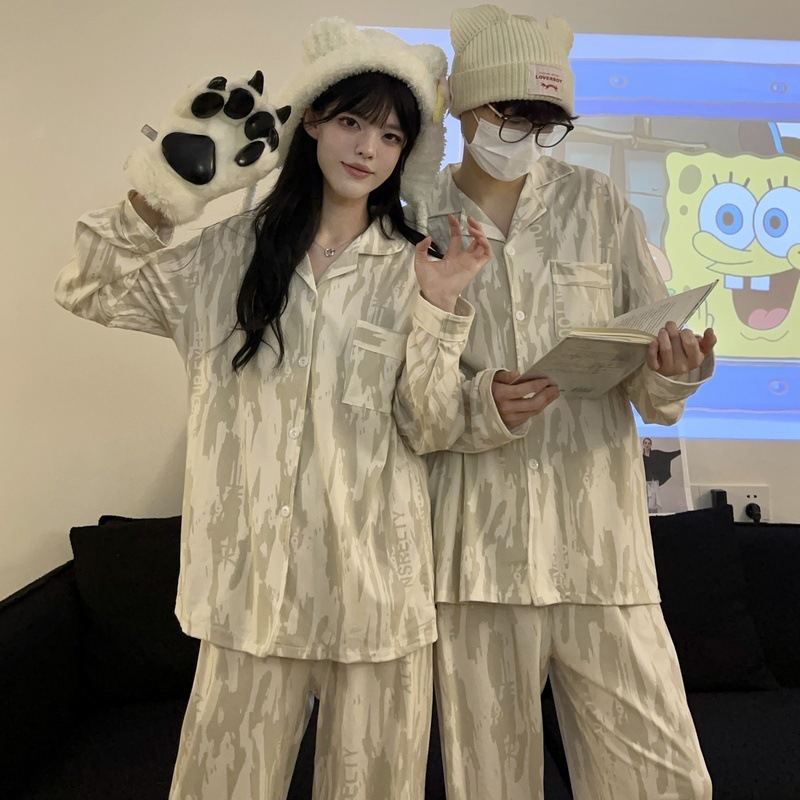 Long Sleeve Milk Silk Couple Pajama Set with Cartoon Pattern