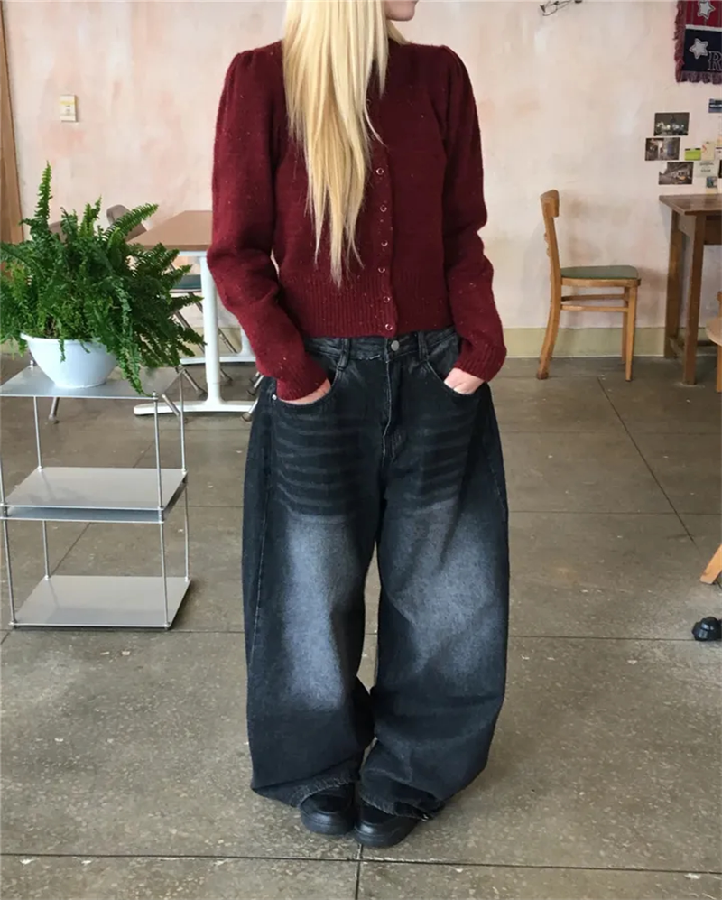 Women?s Retro Washed Wide-Leg Buttoned Hem Denim Jeans