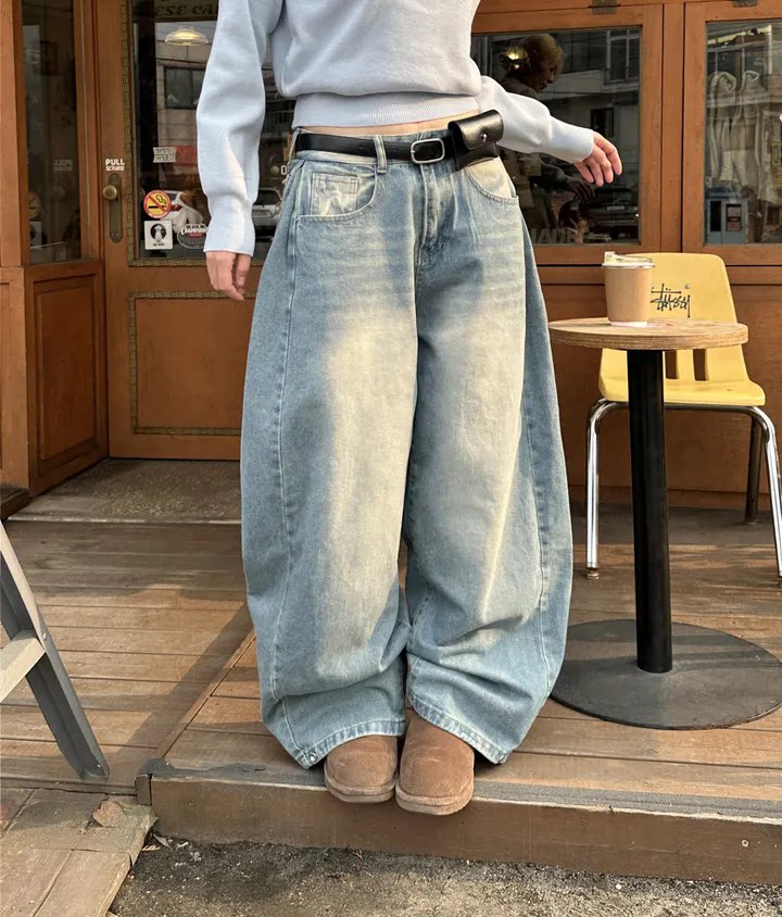 Women?s Retro Washed Wide-Leg Buttoned Hem Denim Jeans