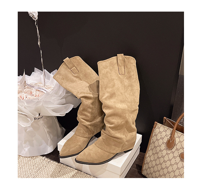 Pointed Toe Low Heel Suede Long Tube Women's Boots Khaki Black Brown