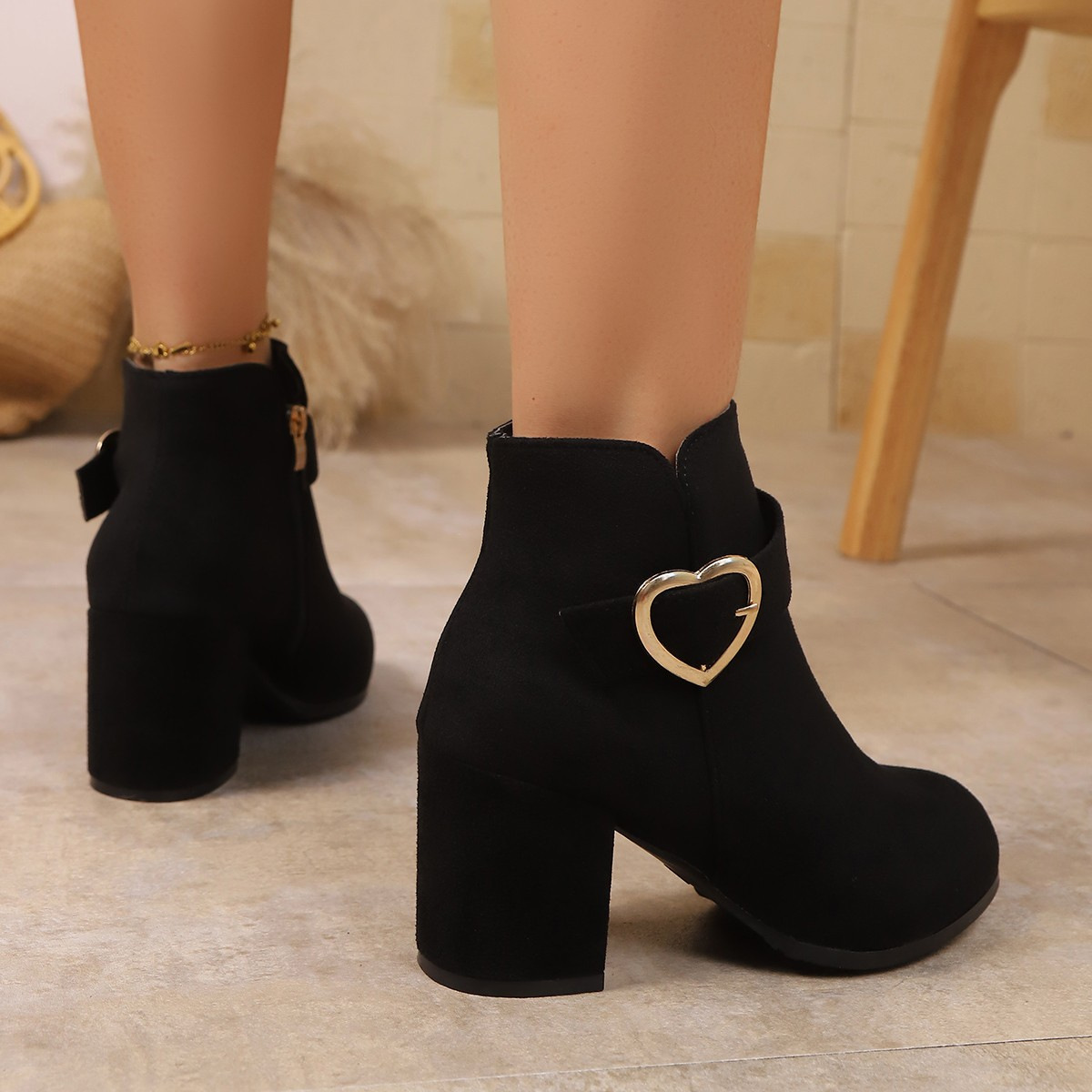 Women's Suede Thick Heel Boots with Metal Buckle and Side Zipper