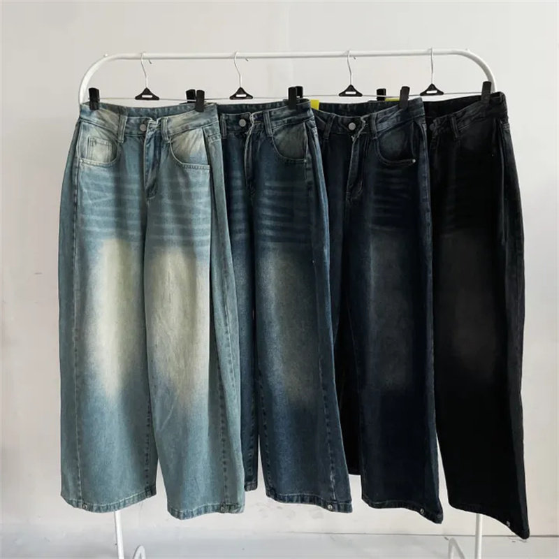 Vintage Washed Wide Leg Jeans with Ankle Button Detail