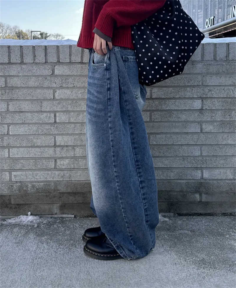 Women?s Retro Washed Wide-Leg Buttoned Hem Denim Jeans