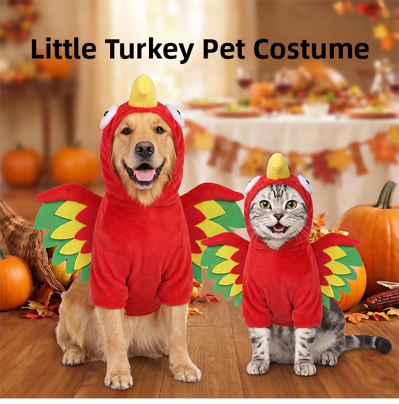 Pet Turkey Costume Vibrant Wings Hooded Transformation Outfit Cat Dog