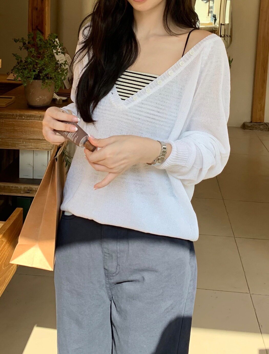 Women Autumn V-Neck Button Long-Sleeve Knit Top