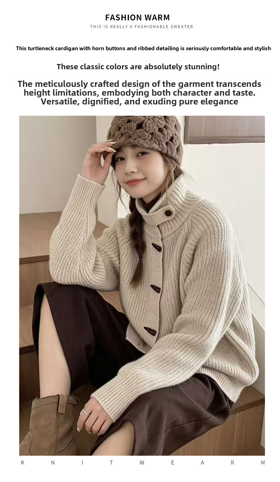 Women Knitted High Collar Cardigan Horn Button Thick Sweater