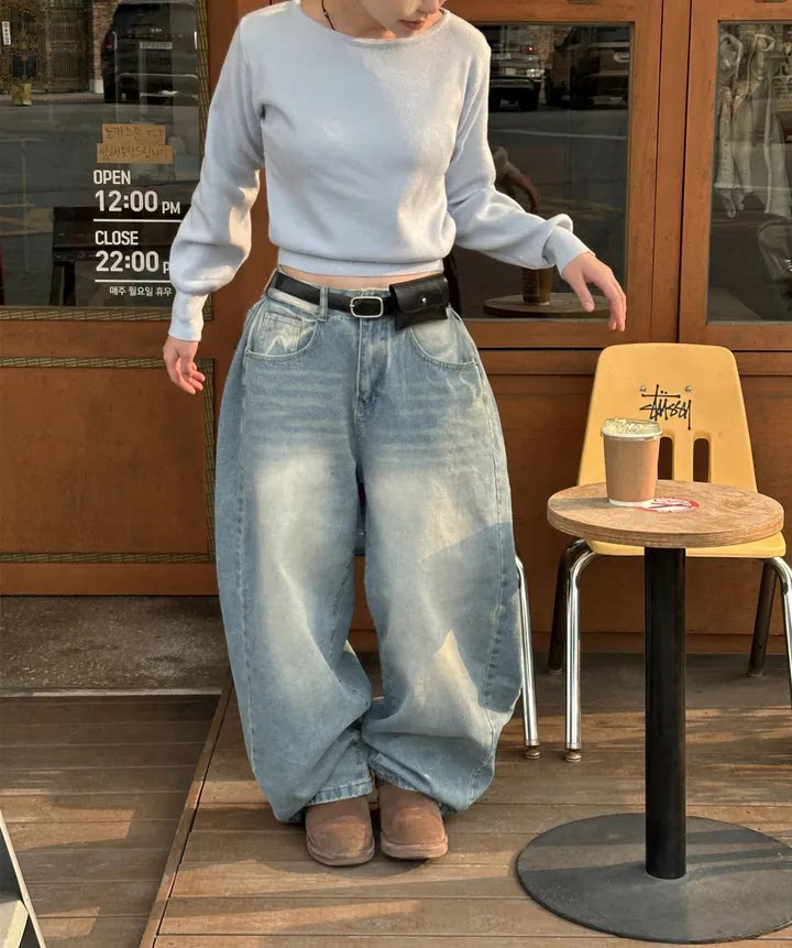 Women?s Retro Washed Wide-Leg Buttoned Hem Denim Jeans