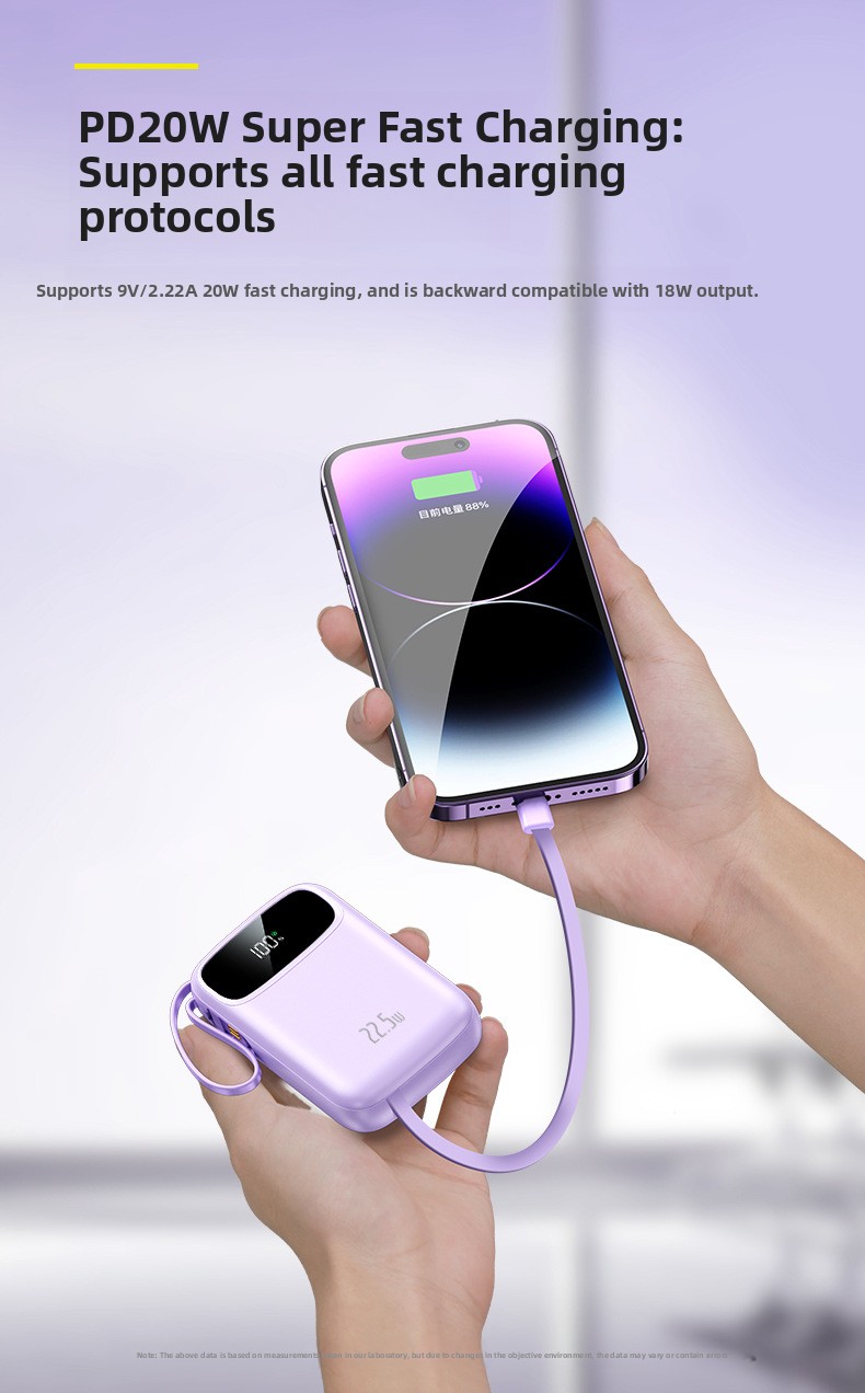 Large-capacity, compact power bank with built-in cable