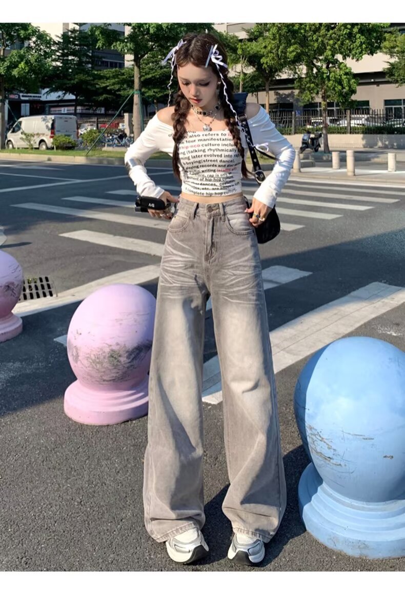American Retro Loose Fit Wide Leg Denim Pants for Women