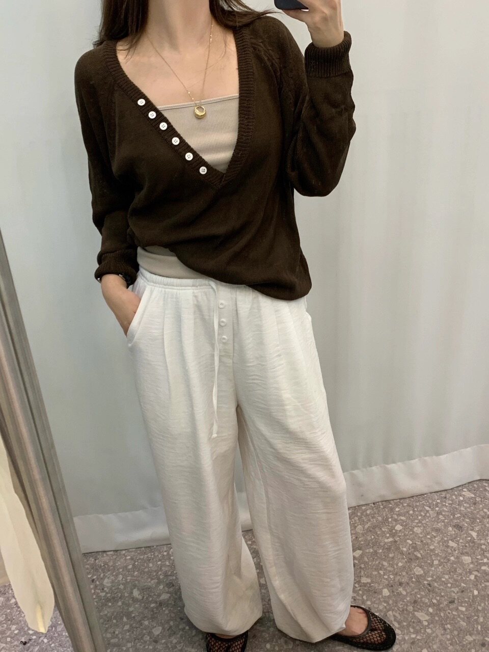 Women Autumn V-Neck Button Long-Sleeve Knit Top