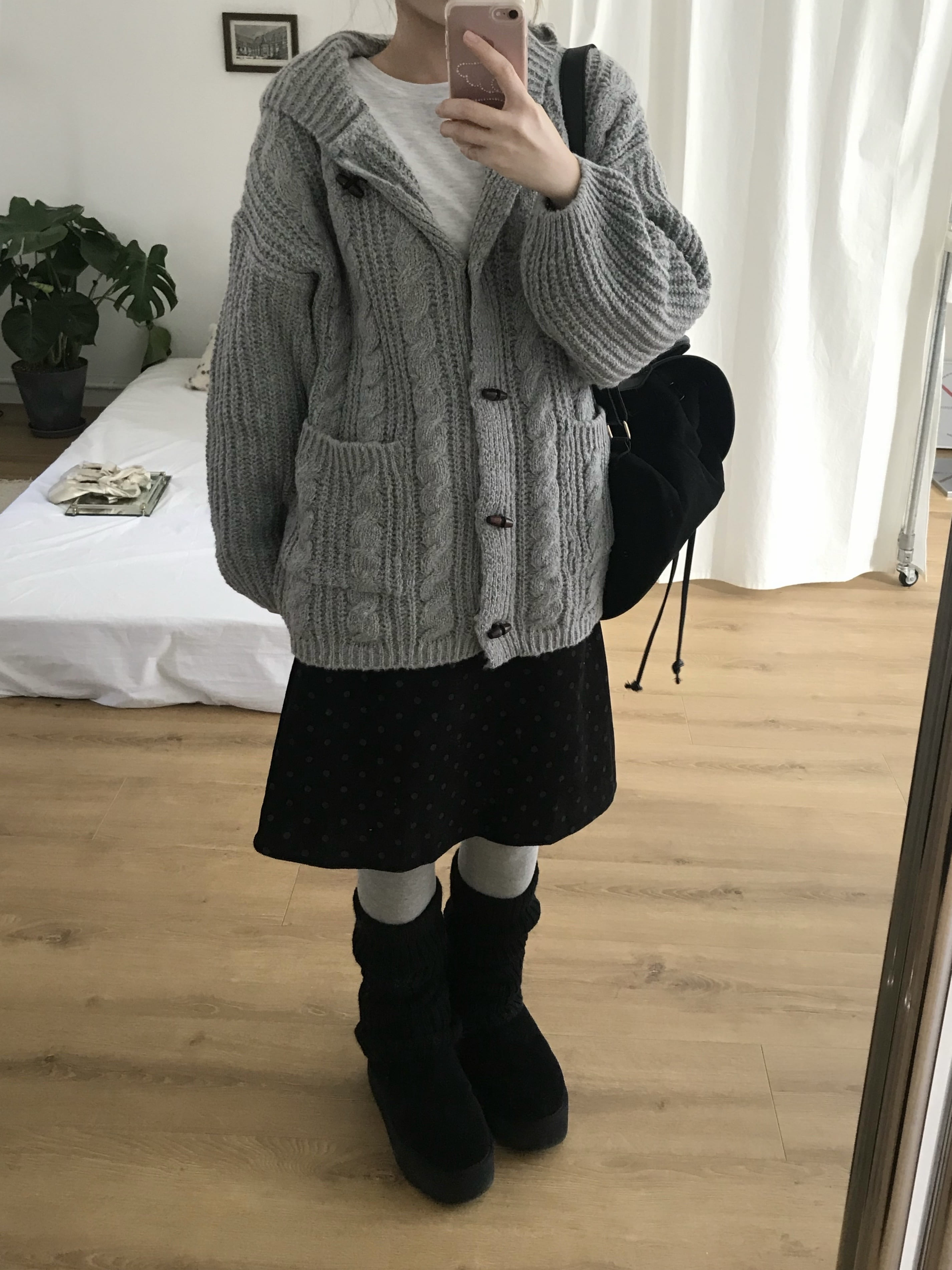Women's Gray Hooded Button Knit Sweater Jacket