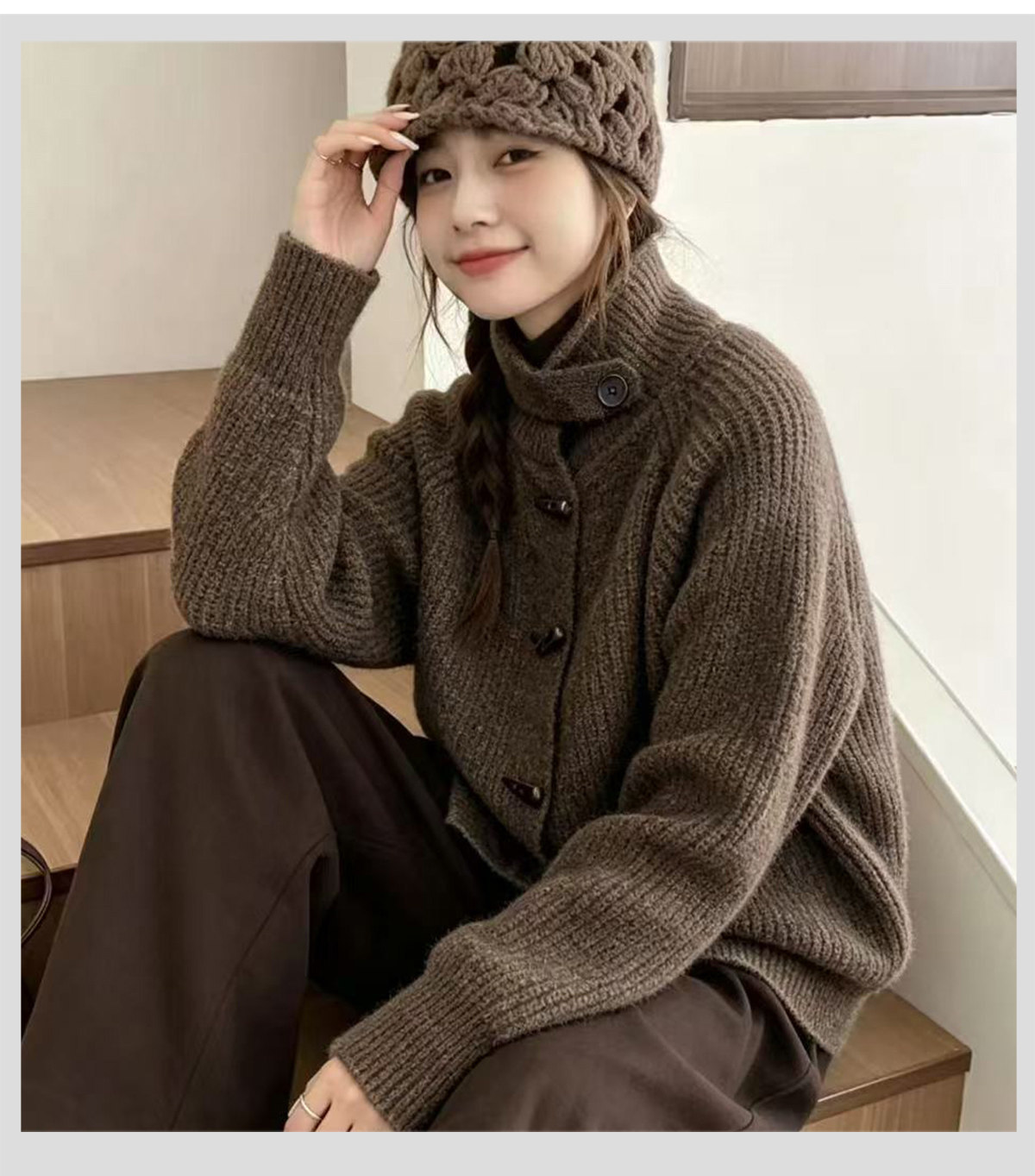 Women Knitted High Collar Cardigan Horn Button Thick Sweater