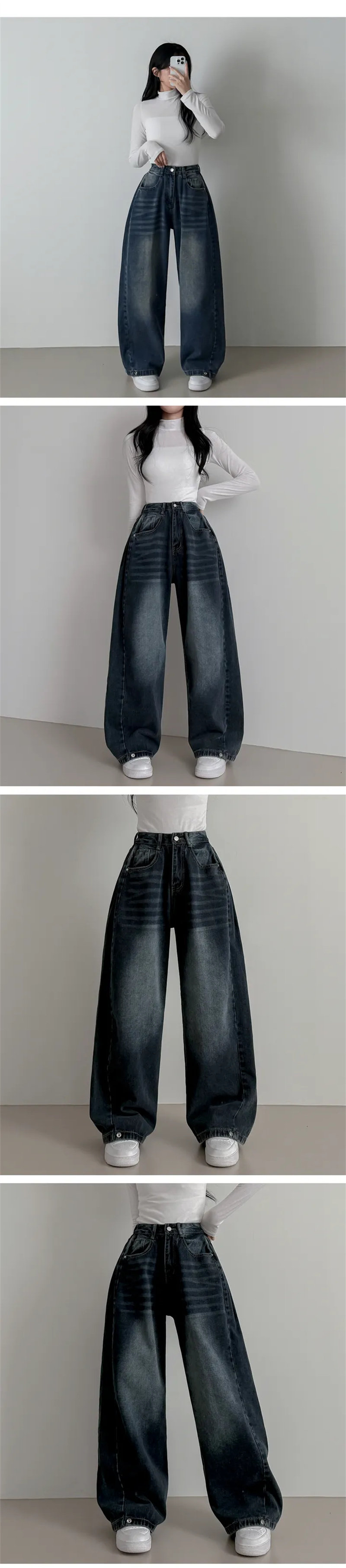 Vintage Washed Wide Leg Jeans with Ankle Button Detail