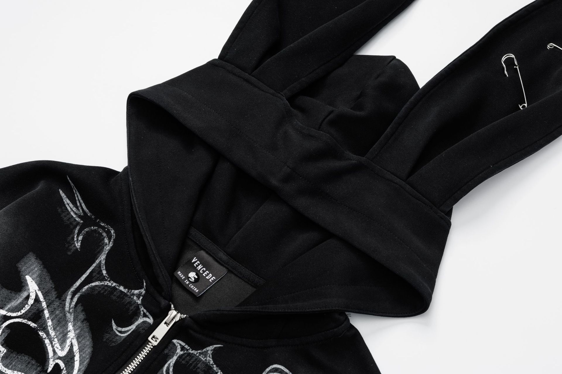Women Y2K Pin Graffiti Rabbit Ears Hooded Sweatshirt Autumn Streetwear