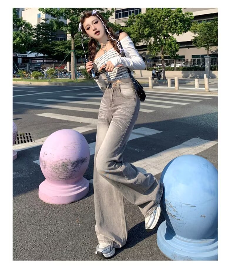 American Retro Loose Fit Wide Leg Denim Pants for Women