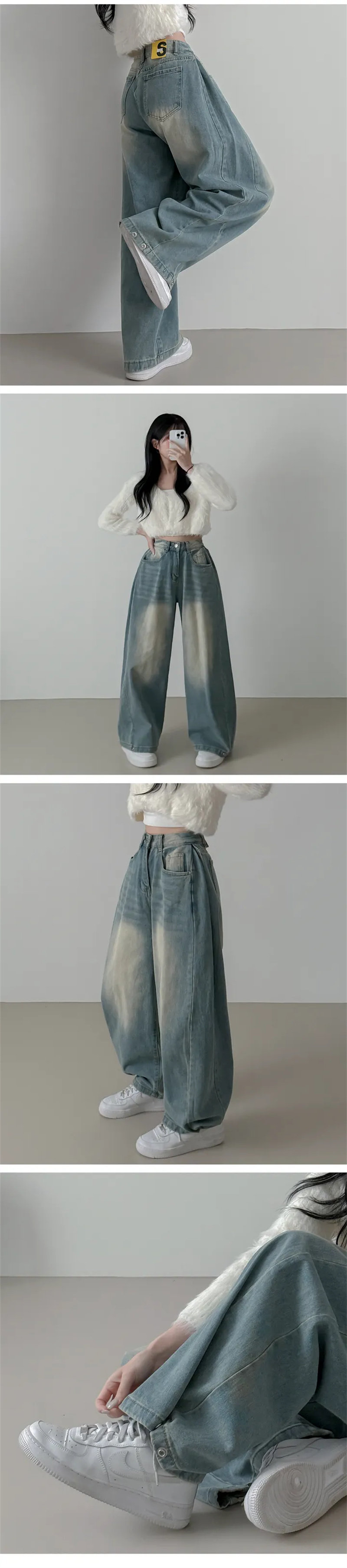 Vintage Washed Wide Leg Jeans with Ankle Button Detail