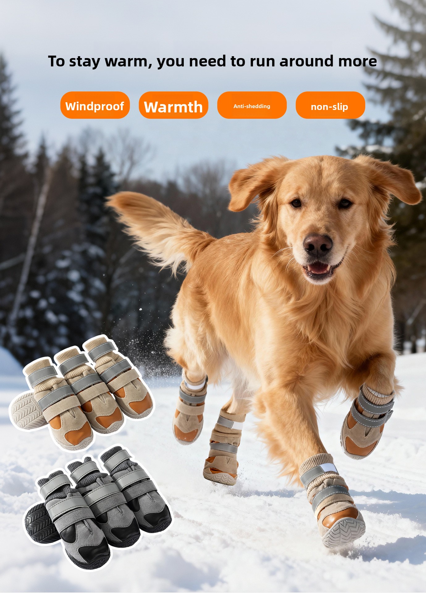 Fleece-Lined Waterproof High-Top Dog Shoes with Double Buckle Anti-Slip Sole