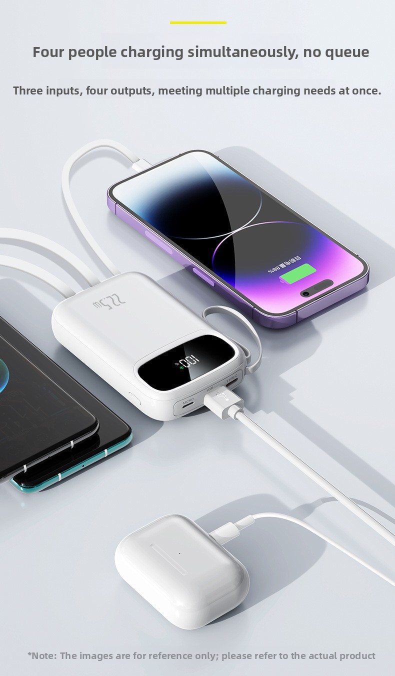Large-capacity, compact power bank with built-in cable